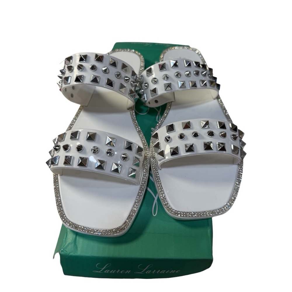 Lauren Lorraine “Studley” White Studded Rhinestone Slide Sandals – Size 6.5 NWT